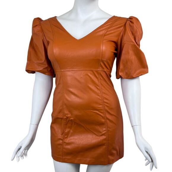 Lulus Play a Tune Size L Rust Orange Vegan Leather Puff Sleeve Mini Party Dress - Picture 1 of 12